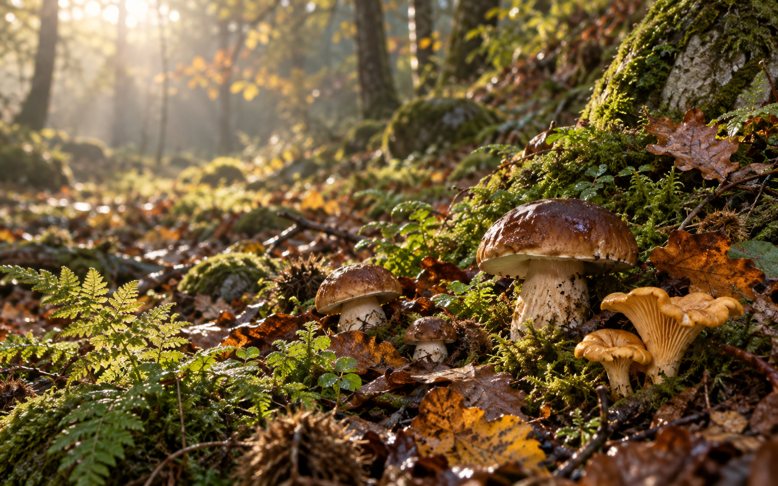 Setas entre musgo y helechos en un bosque